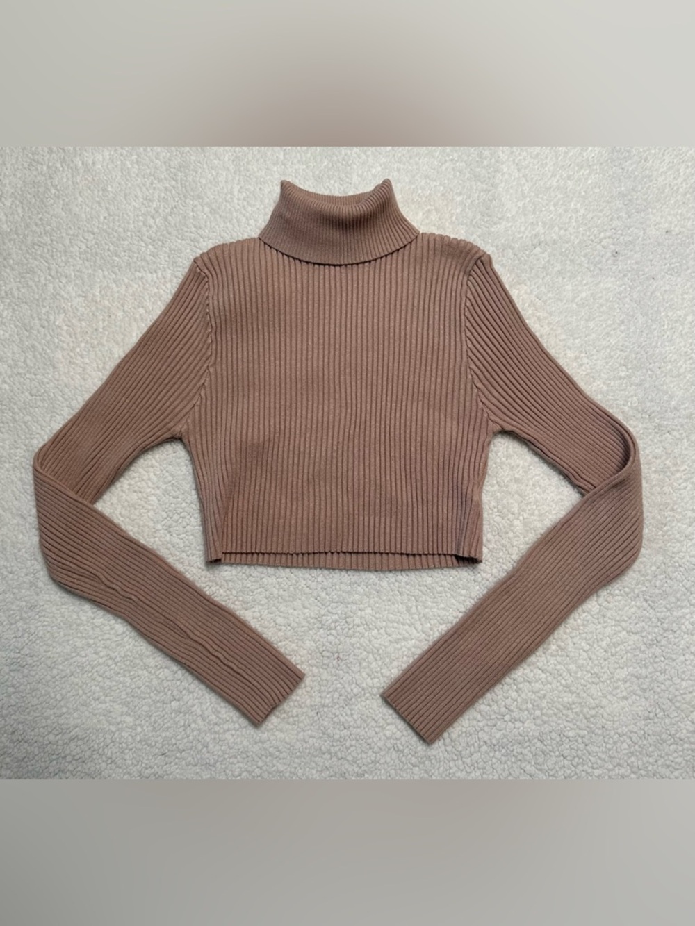 Cropped Ribbed Turtleneck Sweater in Taupe
